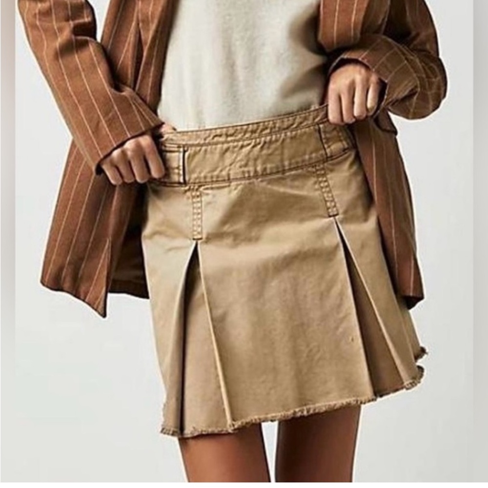 Free People Khaki Tan Denim Pleated Mini